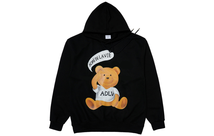 acmé de la vie ADLV Black Teddy Bear Bubble Letter Print Unisex Pullover Hoodie ADLV-21FW-HDASBT-BLK