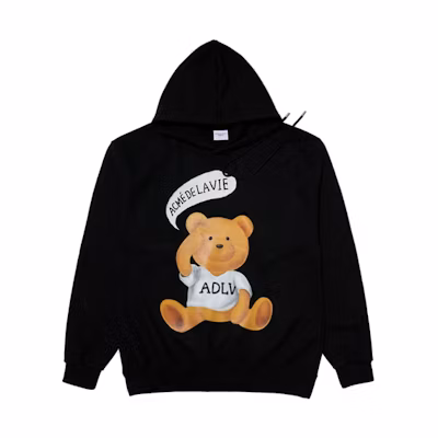 acmé de la vie ADLV Black Teddy Bear Bubble Letter Print Unisex Pullover Hoodie ADLV-21FW-HDASBT-BLK