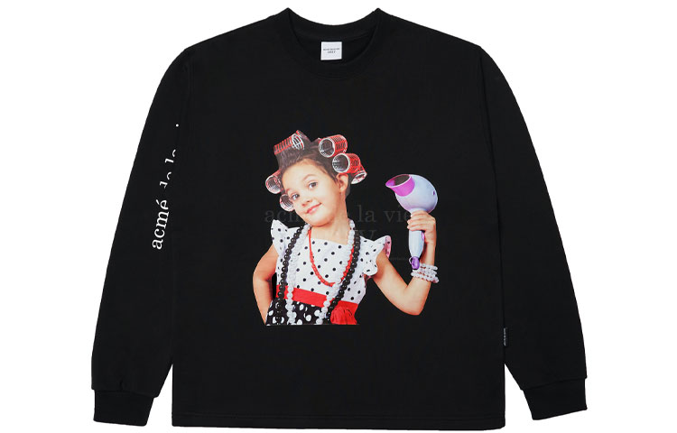 acmé de la vie ADLV Hair Dryer Girl Graphic Unisex Pullover Hoodie Black ADLV-21FW-SWBKBF-HAD