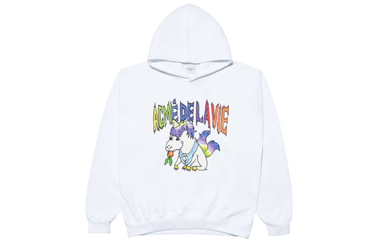 acmé de la vie ADLV Rainbow Unicorn Print Hoodie Unisex White ADLV-21FW-HDARUC-WHT