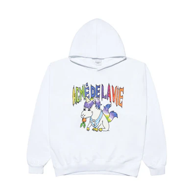 acmé de la vie ADLV Rainbow Unicorn Print Hoodie Unisex White ADLV-21FW-HDARUC-WHT