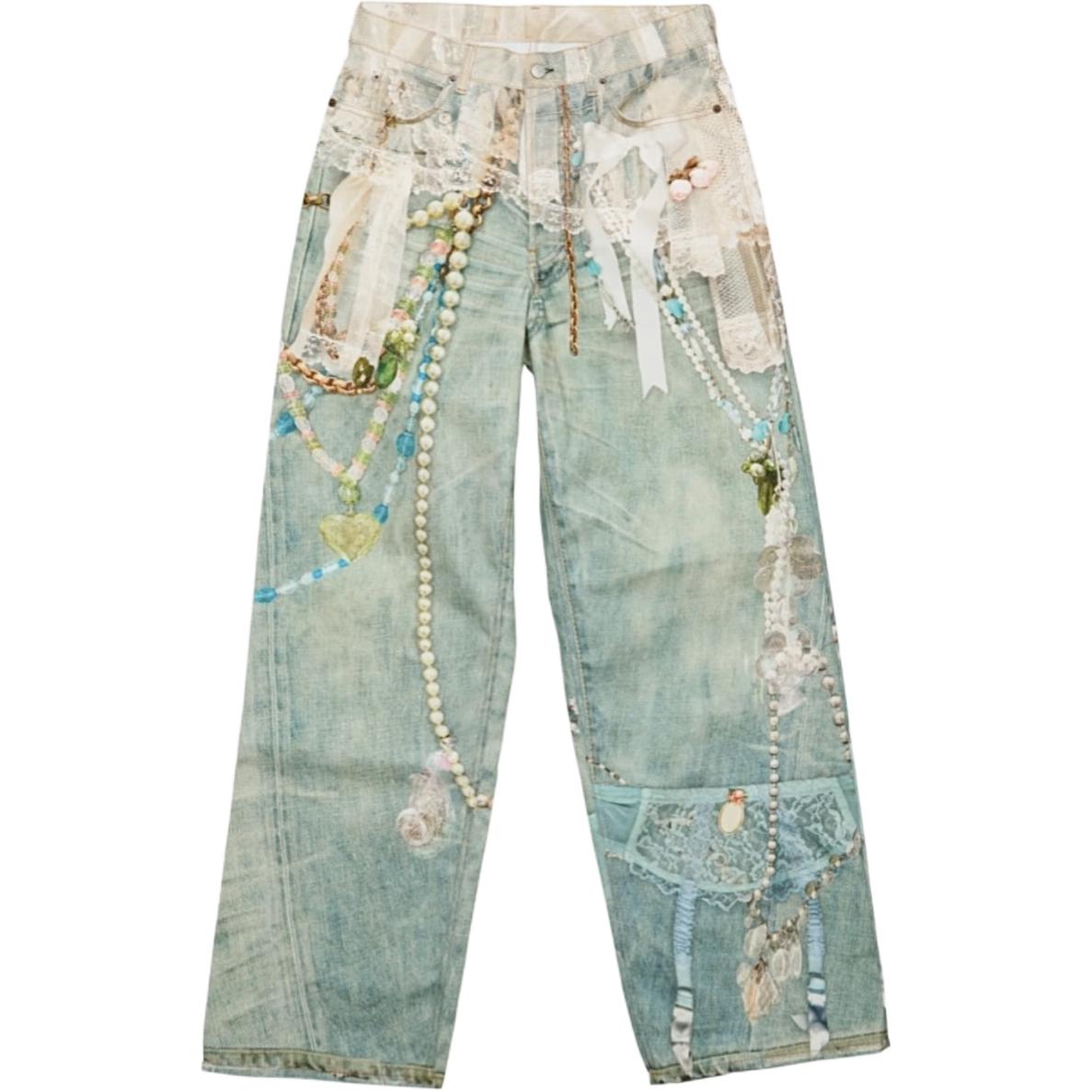 Acne Studios 1981 Lace Pearl Chain Print Low-Rise Wide-Leg Jeans Unisex CK0134-AET