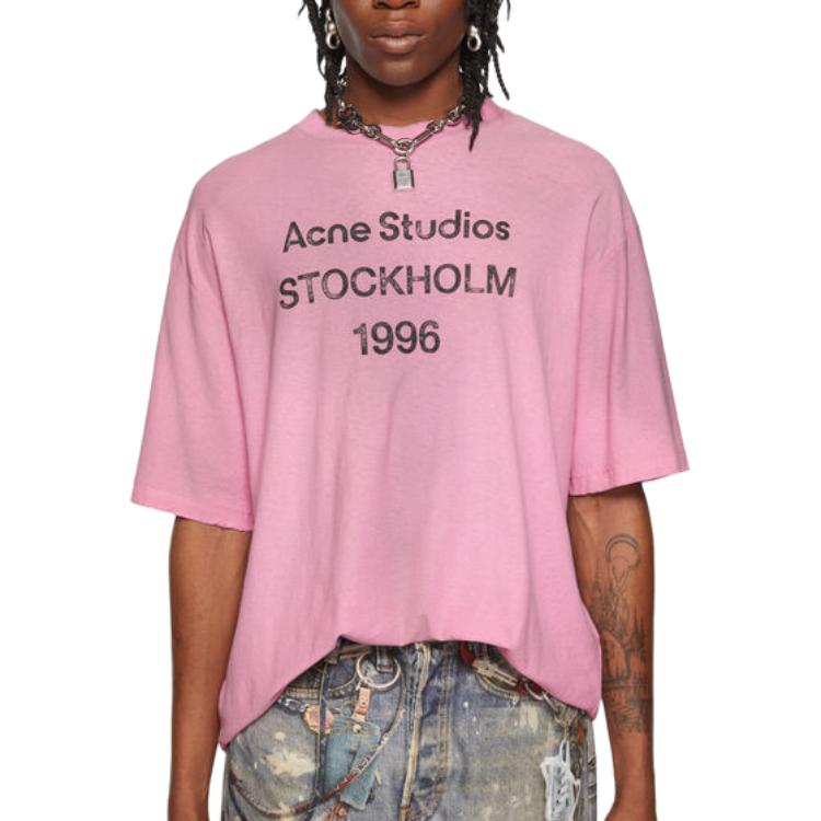 Lookbook Acne Studios 1996 Series Retro Logo Unisex Pink Crewneck T-Shirt. CL0196-DJS