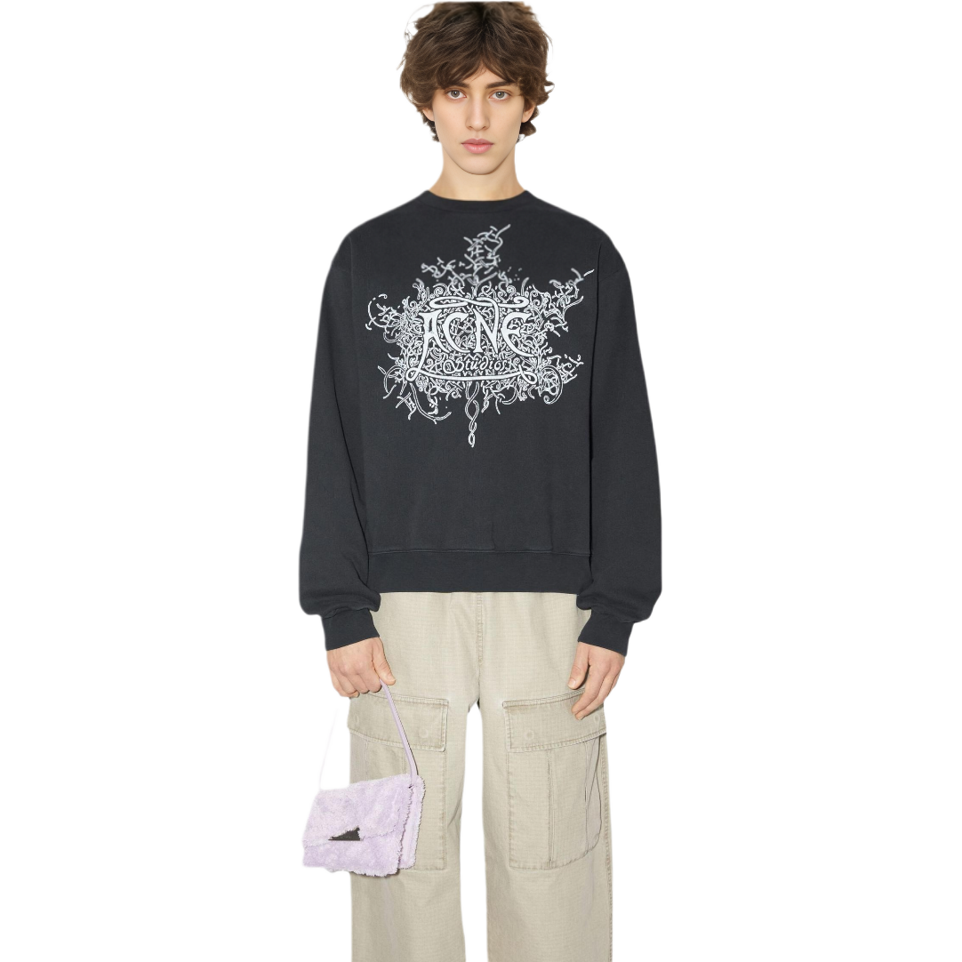 Lookbook Sudadera Oversize de Manga Larga Negra con Logo Brillante de Acne Studios. BI0185BM0