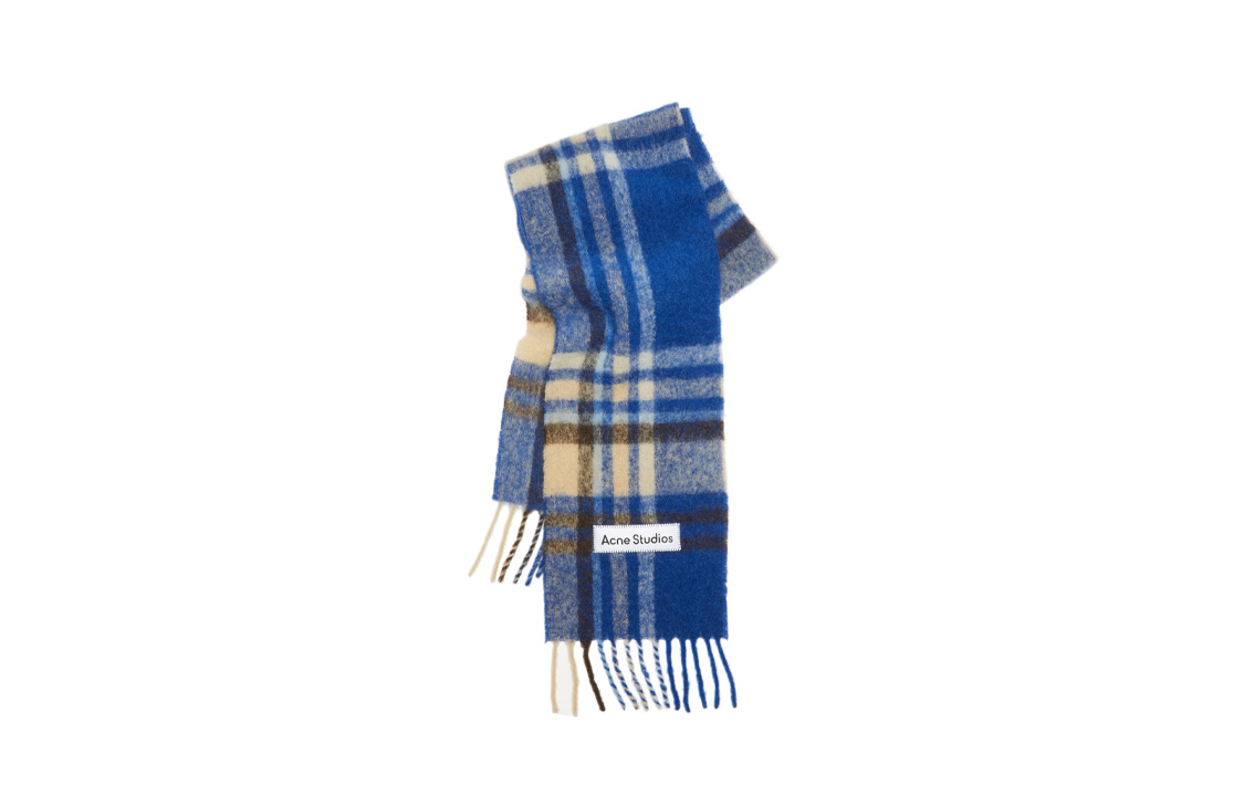 Acne Studios  Navy Blue Plaid Logo Fringe Wool Scarf. CA0293CZ6ELECTRICBLUEBEIGE