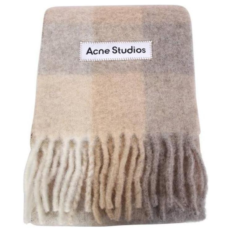 Acne Studios Alpaca Wool Logo Check Fringe Scarf Unisex Couple Style Khaki. CA0084EIG