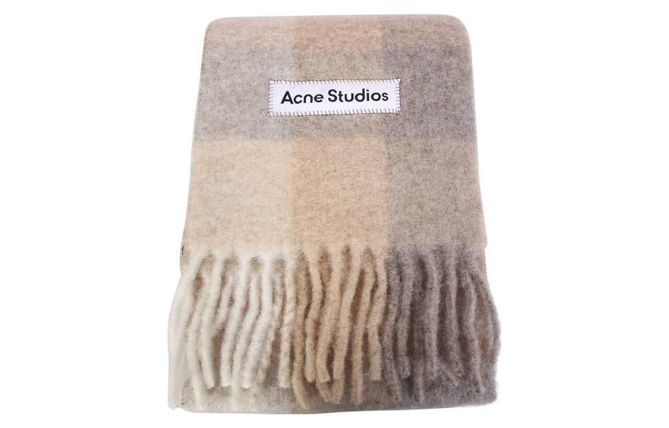 Acne Studios Alpaca Wool Logo Check Fringe Scarf Unisex Couple Style Khaki. CA0084EIG 圖 2
