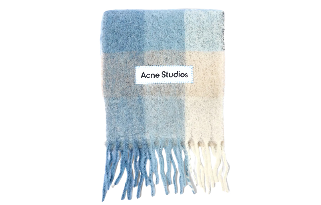 Acne Studios Blue Plaid Fringe Knit Wool Scarf Unisex Couple Style. CA0084-CZ100