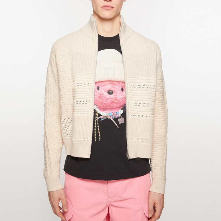 Lookbook Acne Studios Face High Neck Zip Sweater Unisex Oatmeal Color Pullover. C60093-633