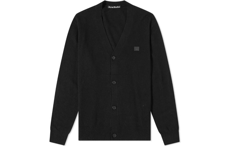 Acne Studios FW21 Black Wool V-Neck Cardigan Sweater Unisex with Face Motif. C60038-900