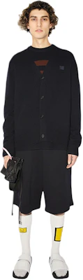 Acne Studios FW21 Black Wool V-Neck Cardigan Sweater Unisex with Face Motif. C60038-900 Lookbook Acne Studios FW21 Black Wool V-Neck Cardigan Sweater Unisex with Face Motif. C60038-900