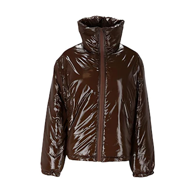 Acne Studios FW21 Brown Glossy Puffer Jacket with Face Patch Unisex. C90066-ADO