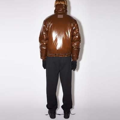 Acne Studios FW21 Brown Glossy Puffer Jacket with Face Patch Unisex. C90066-ADO Shop Acne Studios FW21 Brown Glossy Puffer Jacket with Face Patch Unisex. C90066-ADO