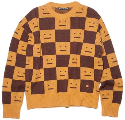 Acne Studios FW22 Check Face Wool Pullover Sweater Unisex Couple Style Orange. C60055-CW7 Buy Acne Studios FW22 Check Face Wool Pullover Sweater Unisex Couple Style Orange. C60055-CW7