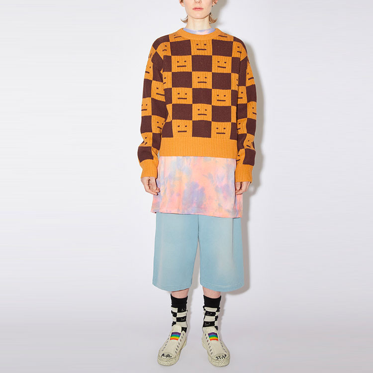 Lookbook Acne Studios FW22 Check Face Wool Pullover Sweater Unisex Couple Style Orange. C60055-CW7