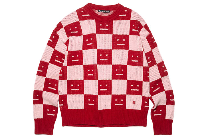 Acne Studios FW22 Face Plaid Wool Crewneck Sweater Unisex Red C60055-CW6