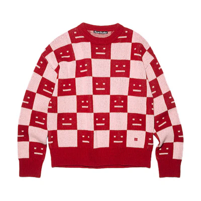 Acne Studios FW22 Face Plaid Wool Crewneck Sweater Unisex Red C60055-CW6