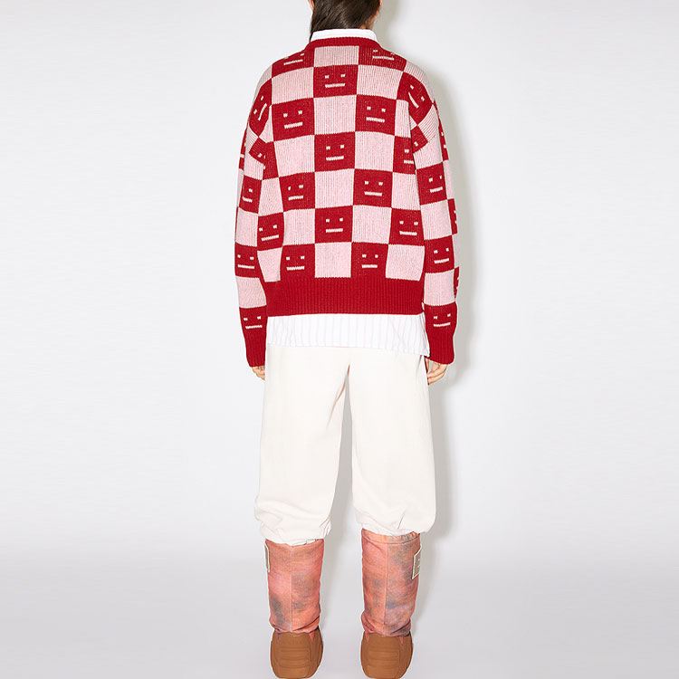 Shop アクネ ストゥディオズ FW22 フェイス チェック柄 ウール クルーネックスウェット ユニセックス レッド C60055-CW6