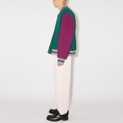 Acne Studios FW23 Face Patch Colorblock Varsity Jacket Purple Green. C90162-DJJ Purchase Acne Studios FW23 Face Patch Colorblock Varsity Jacket Purple Green. C90162-DJJ