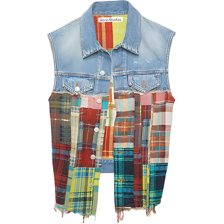 Acne Studios FW23  Slim Fit Check Frayed Denim Vest Mid Blue B90705-863