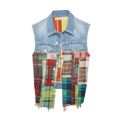 Acne Studios FW23 Slim Fit Check Frayed Denim Vest Mid Blue B90705-863