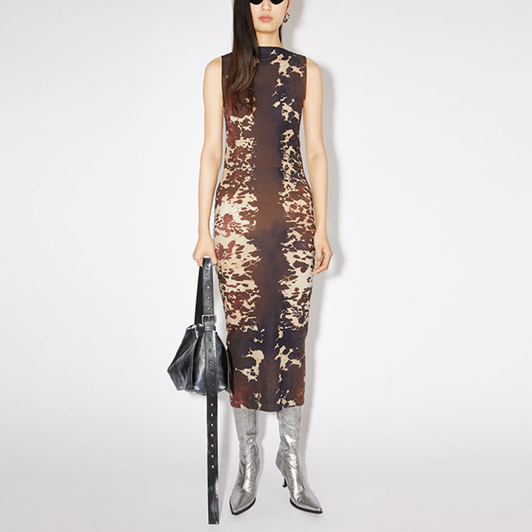 Lookbook Acne Studios FW23 Coklat Almond Gaun Midi Tanpa Lengan dengan Cetakan Serata A20581-ADS