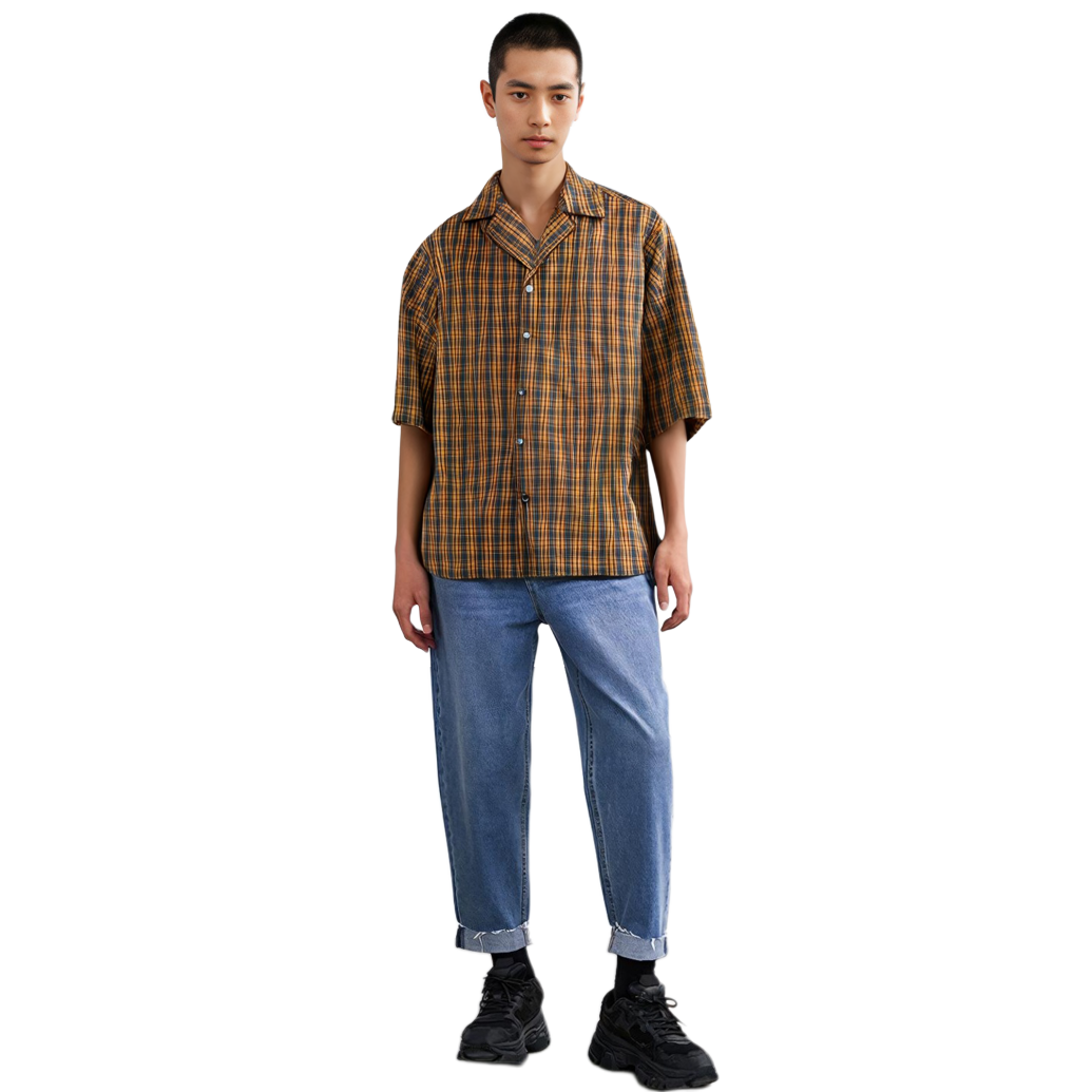 Cheap Acne Studios FW23 綠棕格紋古巴領短袖襯衫 男女款 BB0537-AL9