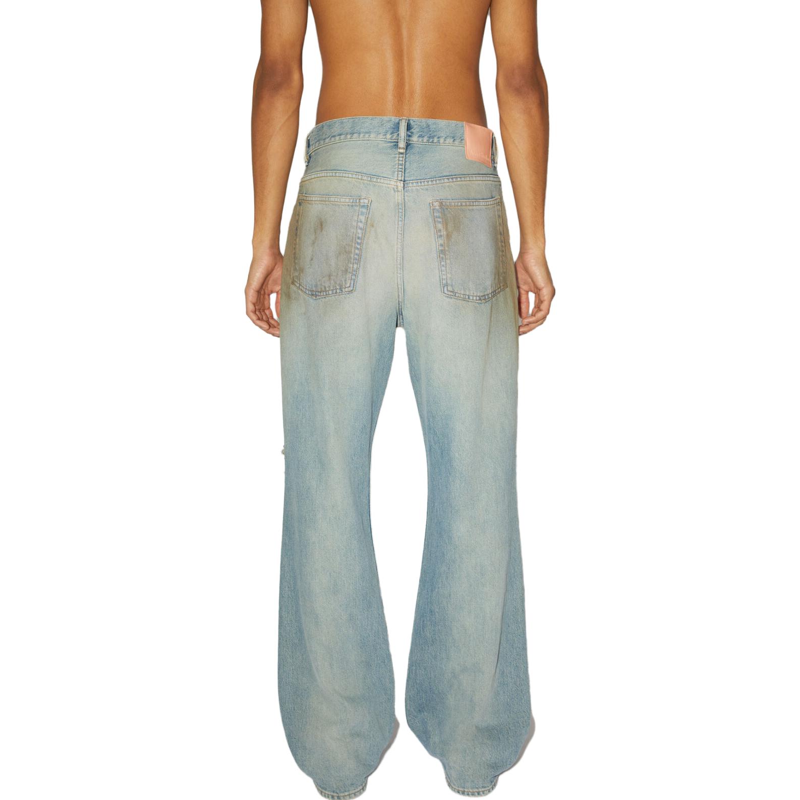 Shop Acne Studios FW23蓝色做旧脏洗中腰阔腿牛仔裤。 B00317-AUZ