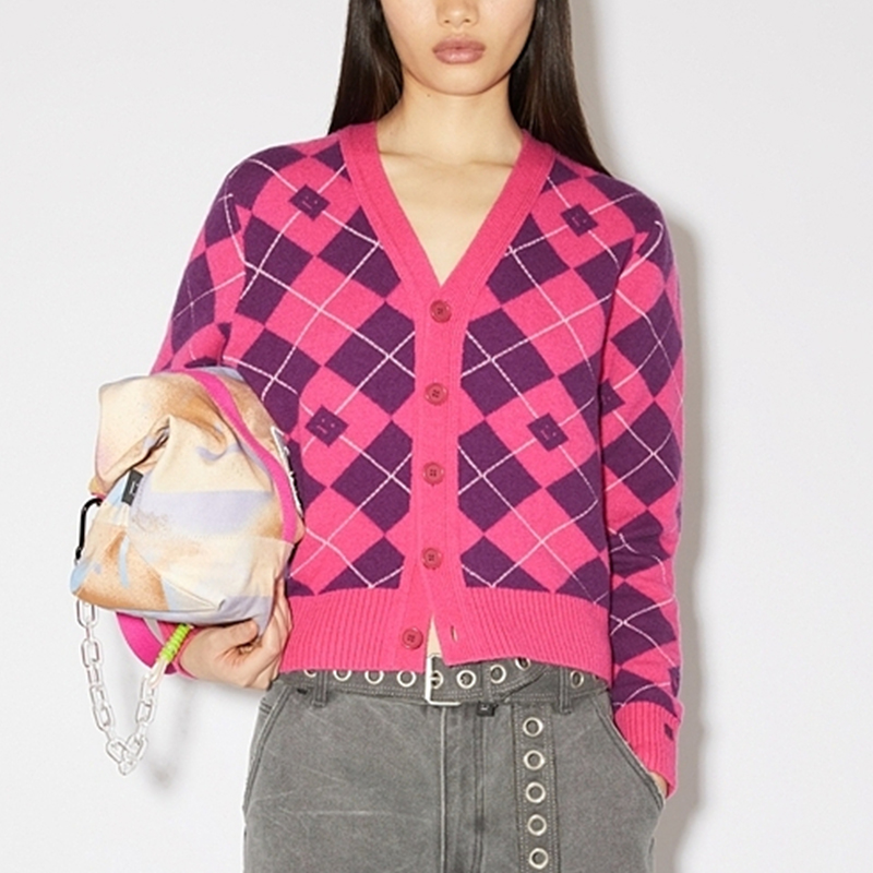 Lookbook Acne Studios FW23 Kardigan Leher V Jacquard Uniseks Cerah Merah Jambu. C60084-DKC