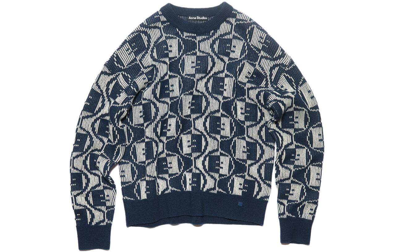 Acne Studios FW23 Smiley Jacquard Wool Blend Unisex Sweater - Blue. C60081-DKG