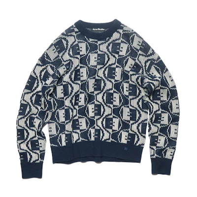Acne Studios FW23 Smiley Jacquard Wool Blend Unisex Sweater - Blue. C60081-DKG