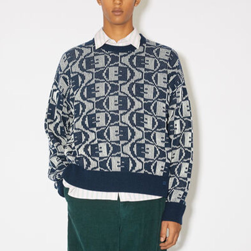 Lookbook アクネ ストゥディオズ FW23 スマイリー ジャカード ウール混 ユニセックス セーター - ブルー C60081-DKG