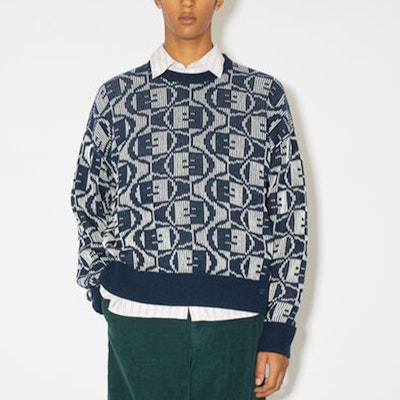 アクネ ストゥディオズ FW23 スマイリー ジャカード ウール混 ユニセックス セーター - ブルー C60081-DKG Lookbook アクネ ストゥディオズ FW23 スマイリー ジャカード ウール混 ユニセックス セーター - ブルー C60081-DKG