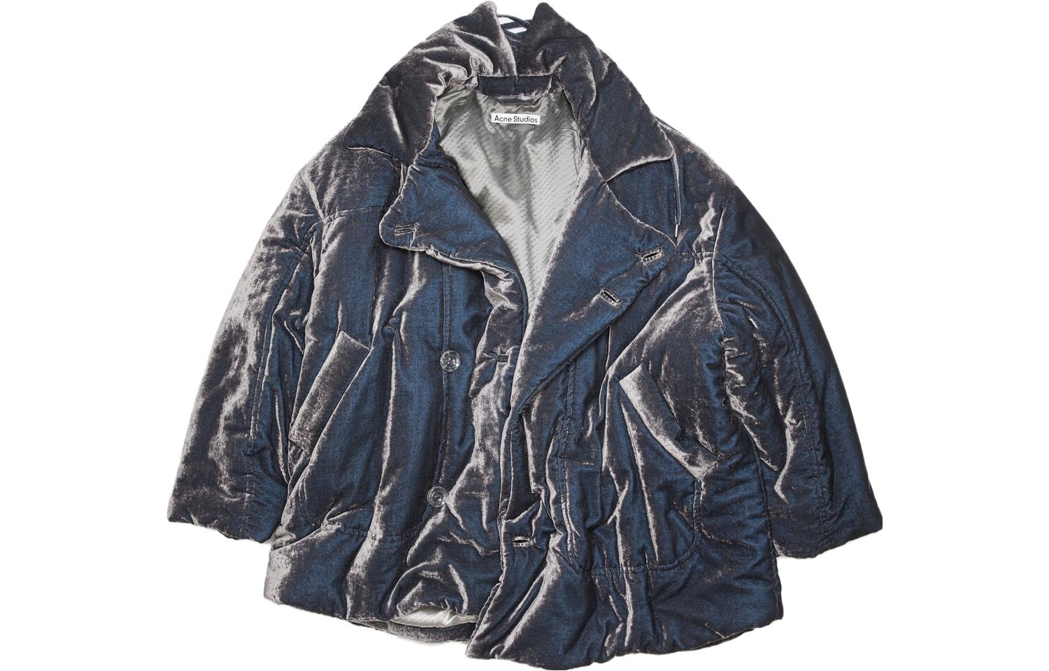 Acne Studios FW23 Velvet Padded Mid-Length Jacket Silver Blue () B90717-DGZ