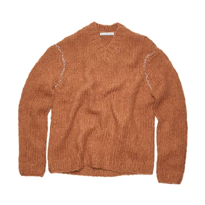 Acne Studios FW23 Wool Blend V-Neck Sweater Unisex Ginger Brown Ribbed Hem Contrast Stitch C60075-DH4