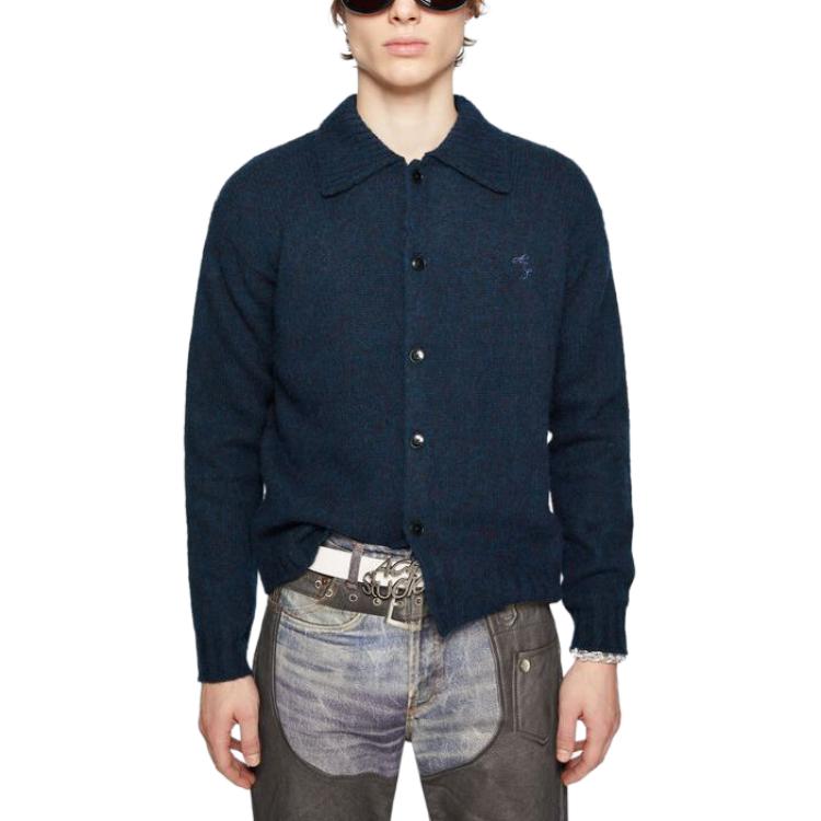 Lookbook Acne Studios FW24 Kardigan Sweater Bordir Navy Gelap dengan Trim Rajut. B60294-DKB