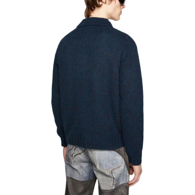 Shop Acne Studios FW24 Kardigan Sweater Bordir Navy Gelap dengan Trim Rajut. B60294-DKB