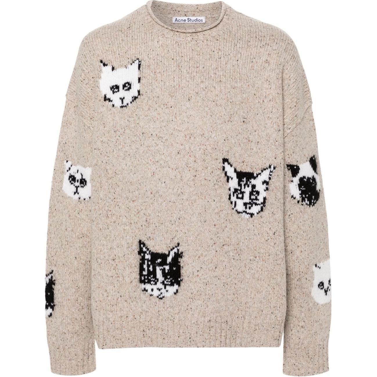 Acne Studios FW24 Beige Knit Cat Sweater Unisex Crewneck Long Sleeve C60096-BEIGE