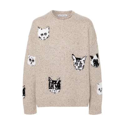Acne Studios FW24 Beige Knit Cat Sweater Unisex Crewneck Long Sleeve C60096-BEIGE