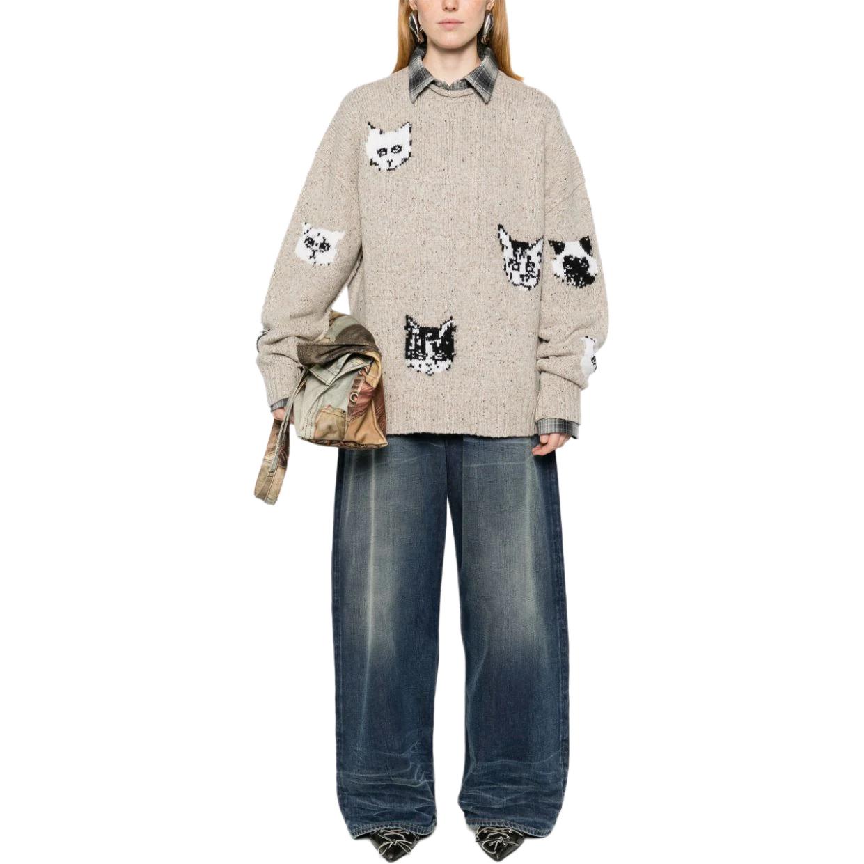 Shop 아크네 스튜디오 FW24 베이지 니트 캣 스웨터 유니섹스 크루넥 롱슬리브 C60096-BEIGE