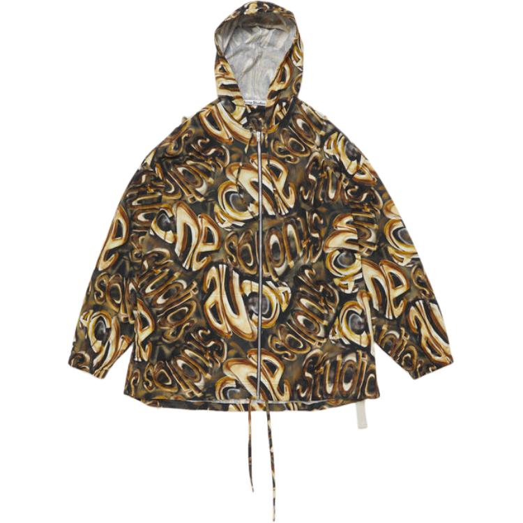 Acne Studios FW24 Black Gold Logo Print Loose Fit Zip-Up Hoodie Jacket B90787-BW8