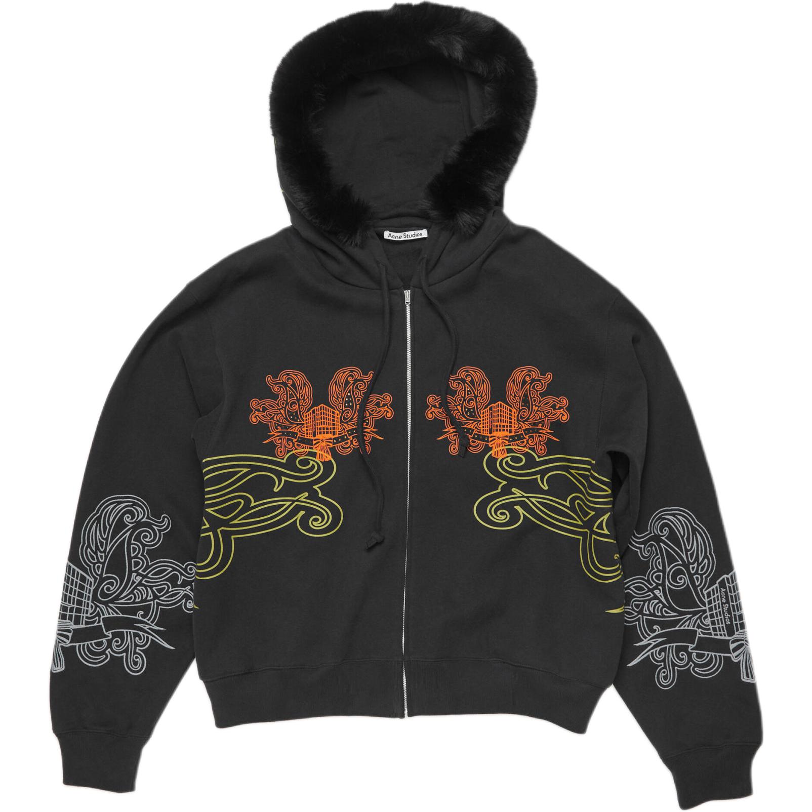 Acne Studios FW24 Black Letter Print Zipper Hoodie Jacket Ribbed Casual Fit BI0204-900