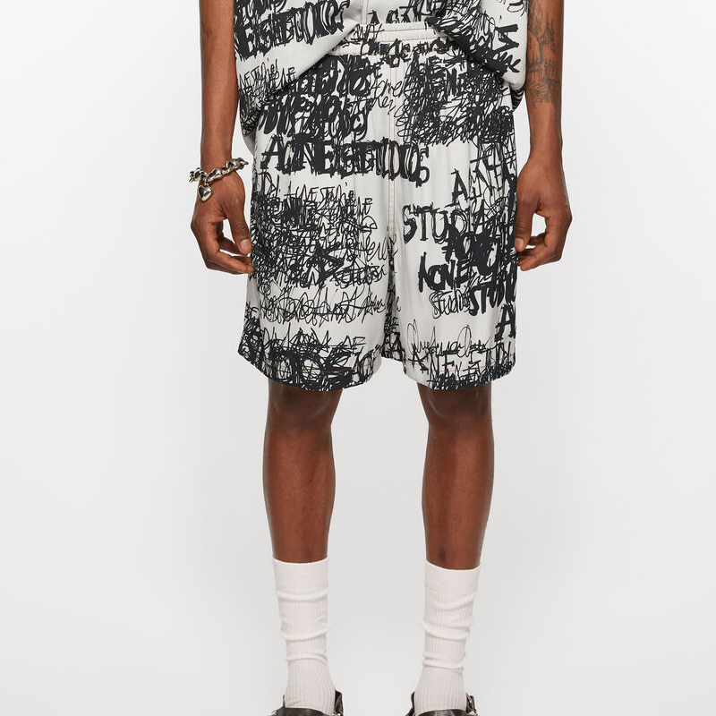 Lookbook Acne Studios FW24 Black Relaxed Fit Printed Shorts with Side Pockets for Men. BE0171-DN5