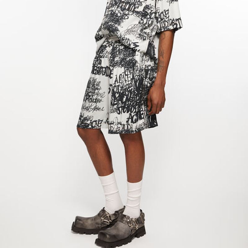 Purchase Acne Studios FW24 Black Relaxed Fit Printed Shorts with Side Pockets for Men. BE0171-DN5
