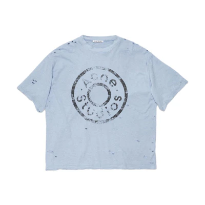 Acne Studios FW24 Unisex Distressed Logo Print T-Shirt Light Blue CL0294-AIQ