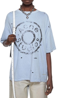 Acne Studios FW24 Unisex Distressed Logo Print T-Shirt Light Blue CL0294-AIQ Lookbook Acne Studios FW24 Unisex Distressed Logo Print T-Shirt Light Blue CL0294-AIQ