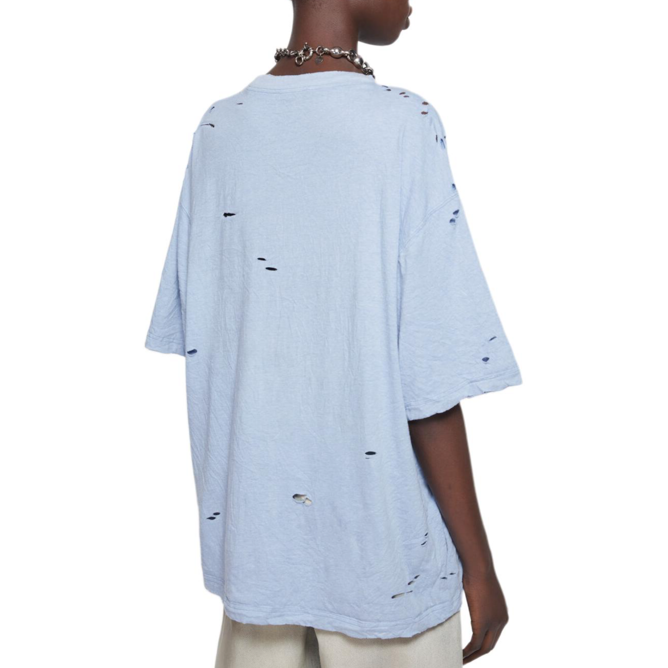 Shop 아크네 스튜디오 FW24 유니섹스 디스트레스트 로고 프린트 티셔츠 라이트 블루 CL0294-AIQ