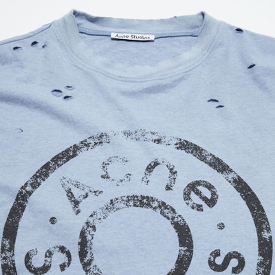 Acne Studios FW24 Unisex Distressed Logo Print T-Shirt Light Blue CL0294-AIQ Details for Acne Studios FW24 Unisex Distressed Logo Print T-Shirt Light Blue CL0294-AIQ