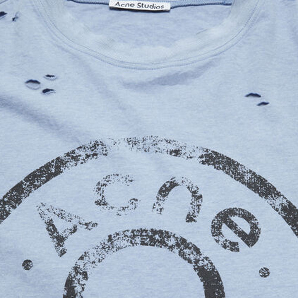 Sizing 아크네 스튜디오 FW24 유니섹스 디스트레스트 로고 프린트 티셔츠 라이트 블루 CL0294-AIQ