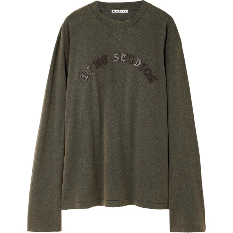 Acne Studios FW24 Washed Black Leather Applique Logo Oversized Long Sleeve Tee Unisex CL0304-BM0